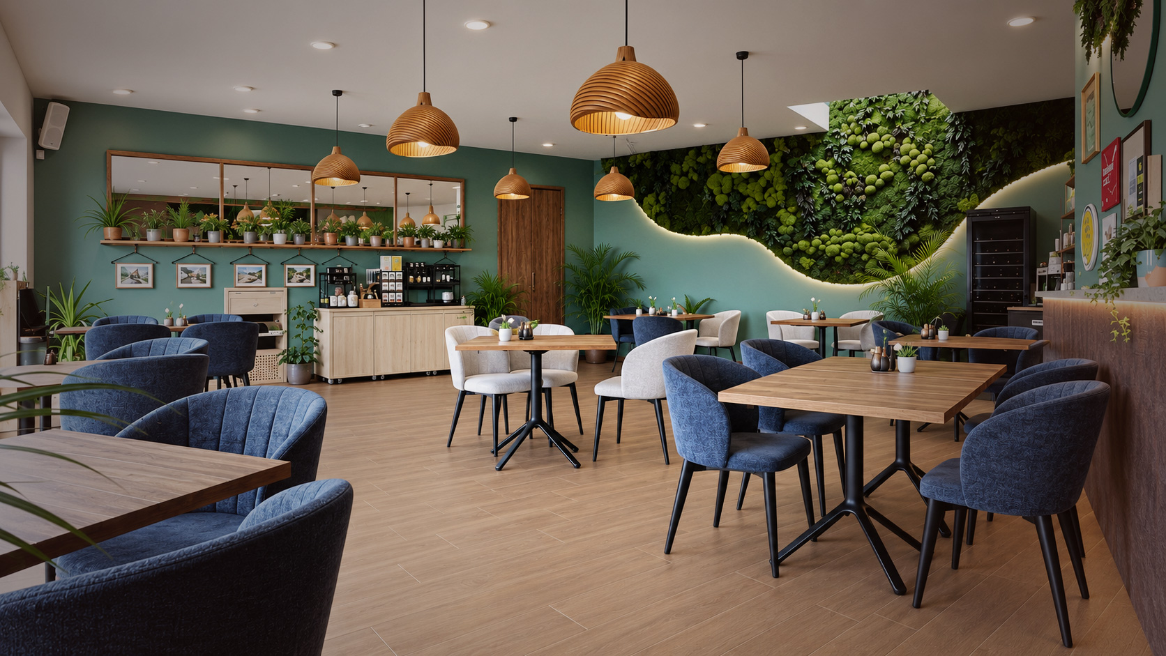 NHZ étterem étkezőtere bútorokkal és dekoratív zöldfallal